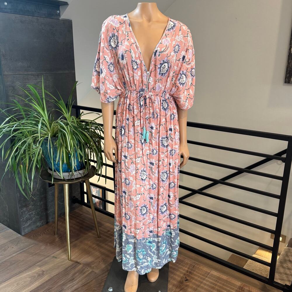World Market Boho Floral Maxi Kaftan Dress Pink Blue L/XL 611444 Vacation Beach